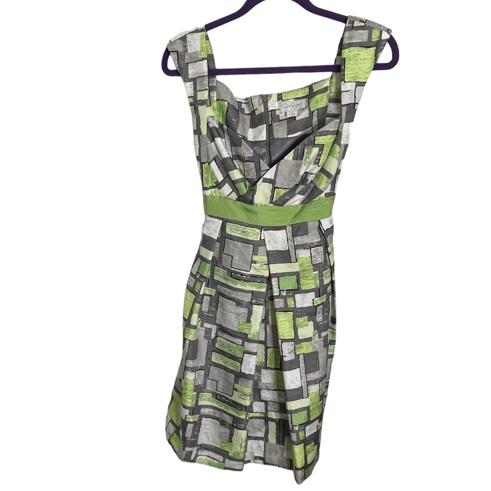 JESSICA SIMPSON Geometric Gray and Green Dress Fit & Flare With Sash Sz 12